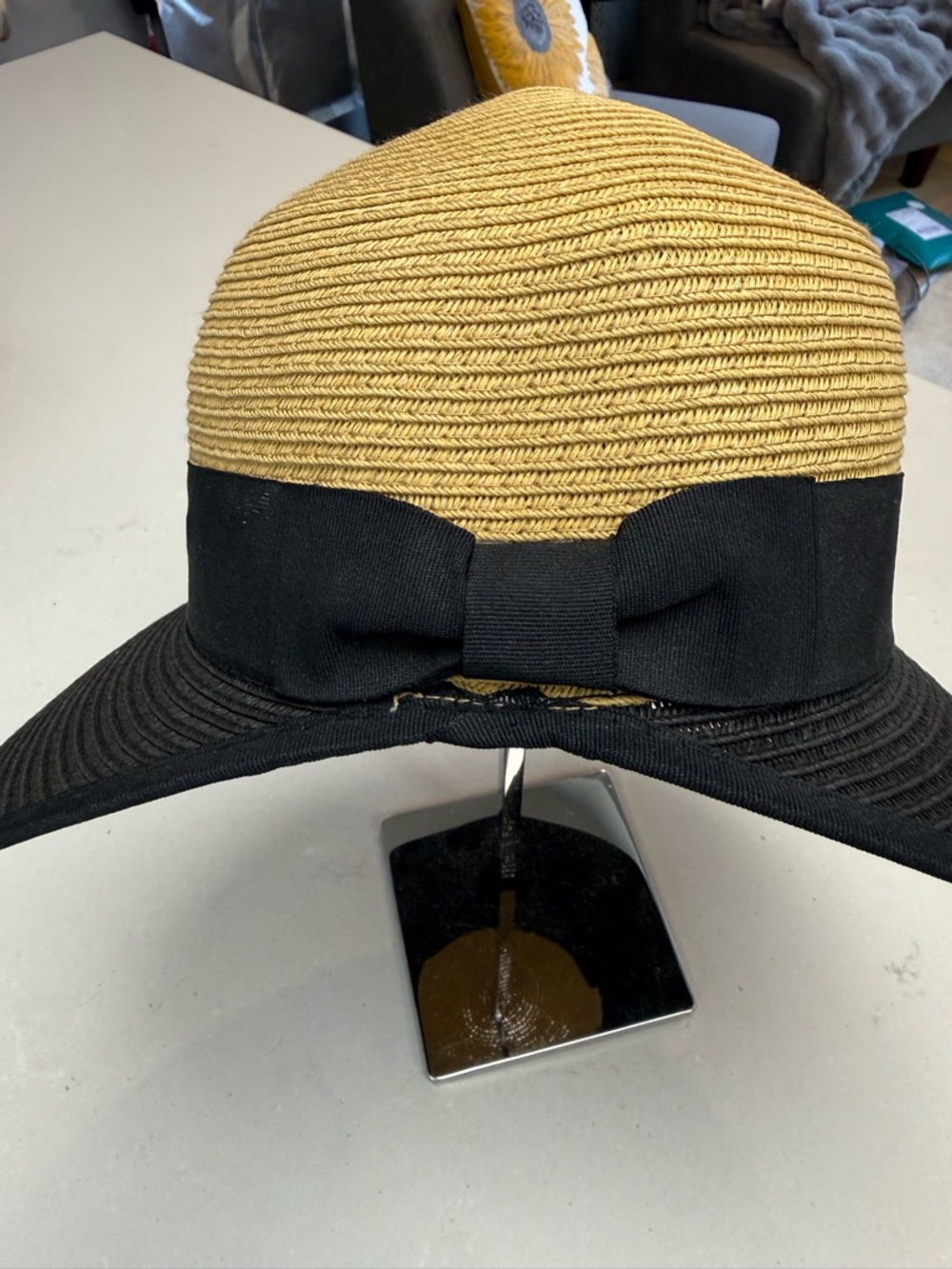 Sun N Sand Two-Tone Straw Visor Hat in Tan and Black with Decorative Bow